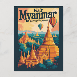 Postal Ilustración de pagodas de Myanmar Arte de viaje vi