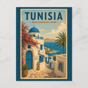 Postal Ilustración de paisaje de Túnez Arte de viaje vint