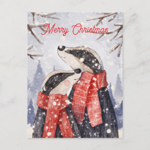 Postal Ilustración de pareja de tejones en Navidad