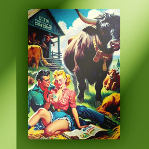 Postal Ilustracion de parejas de campo retro