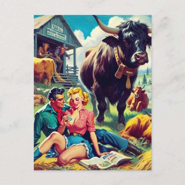 Postal Ilustracion de parejas de campo retro (Anverso)