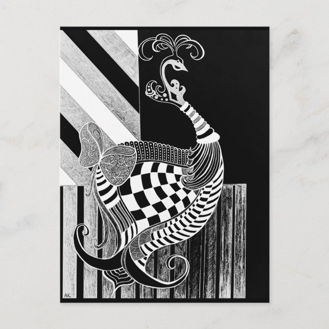 Postal Ilustracion de pavo real Ajedrez y Bow NIGHT (Anverso)