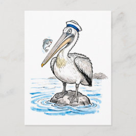 Postal Ilustración de pelícano posado orgulloso sobre una