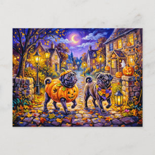 Postal Ilustración de perro Mops de disfraz de Halloween