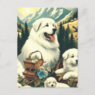 Postal Ilustracion de Perro Vintage Great Pyrenees
