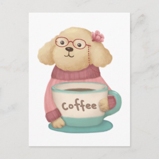 Postal Ilustracion de perro y café (Anverso)