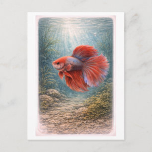 Postal Ilustración de pez betta al estilo vintage