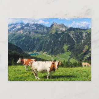 Postal Ilustracion de pintura al óleo de los Alpes austrí