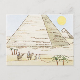Postal Ilustracion de pirámides y hombres con camellos