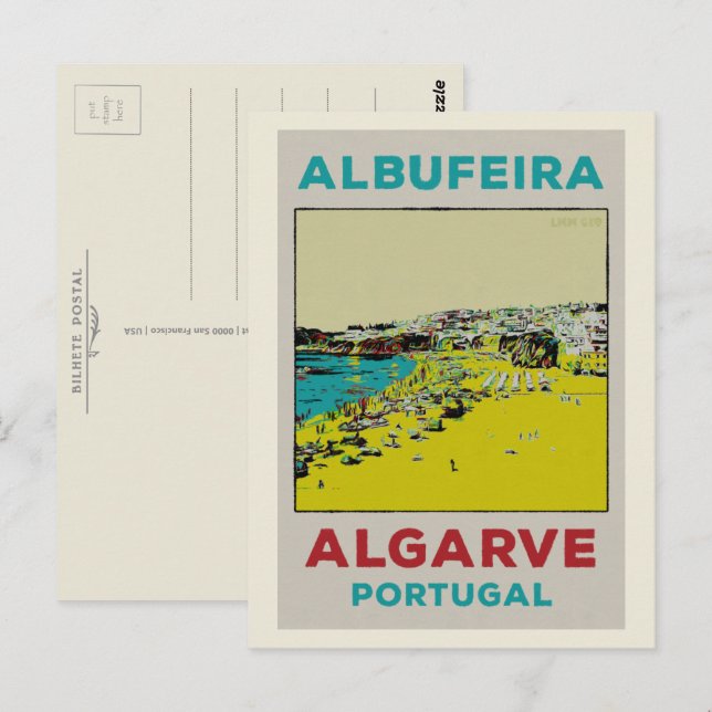 Postal Ilustracion de playa Albufeira Algarve (Anverso / Reverso)