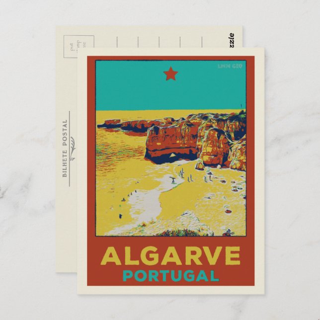 Postal Ilustracion de playa Algarve Portugal (Anverso / Reverso)