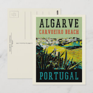 Postal Ilustracion de playa Carvoeiro Algarve Portugal