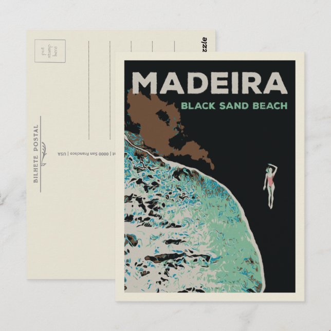 Postal Ilustracion de playa de arena negra de Madeira Por (Anverso / Reverso)