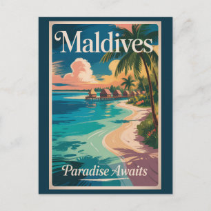 Postal Ilustración de playa de Maldivas Arte de viaje vin