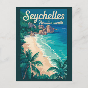 Postal Ilustración de playa de Seychelles Arte de viaje v