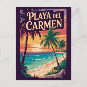 Postal Ilustración de Playa del Carmen Arte de Viaje Vint