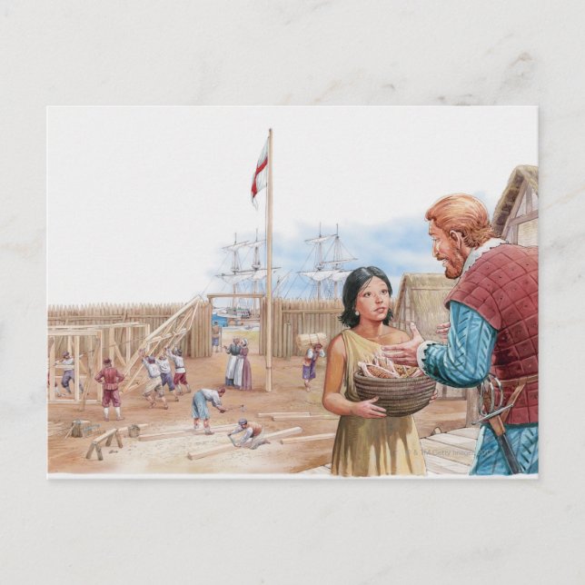 Postal Ilustracion de Pocahontas visitando al capitán Joh (Anverso)