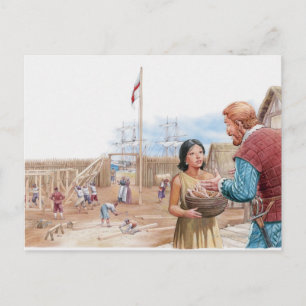 Postal Ilustracion de Pocahontas visitando al capitán Joh