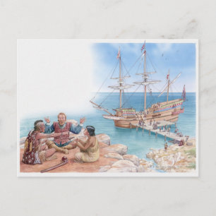 Postal Ilustracion de Pocahontas y su padre