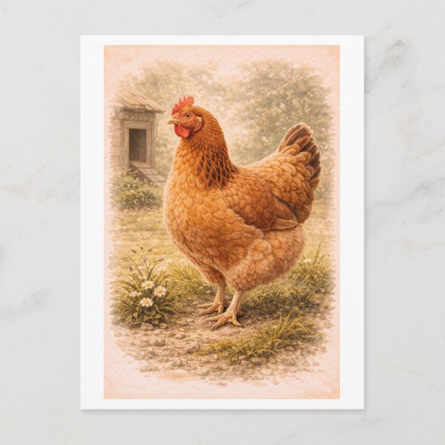 Postal Ilustración de pollo estilo vintage (Anverso)