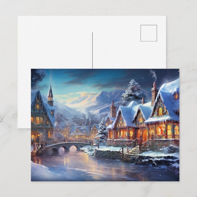 Postal Ilustración de pueblo invernal (Anverso / Reverso)