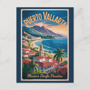 Postal Ilustración de Puerto Vallarta México Arte de Viaj