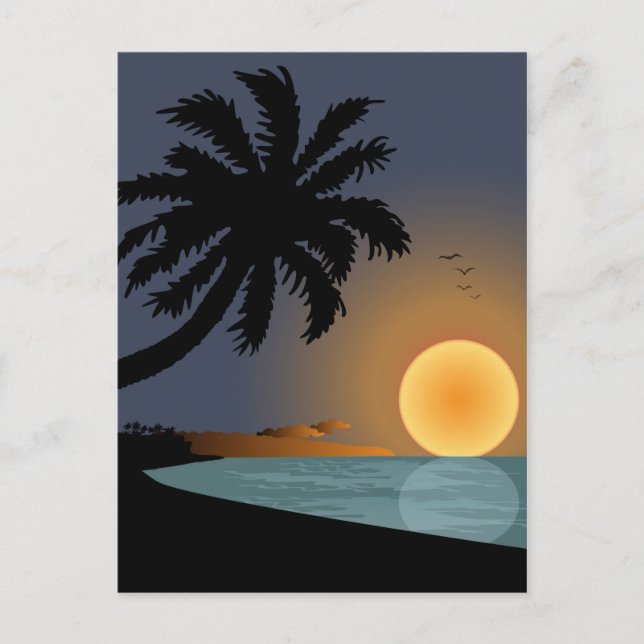 Postal Ilustración de puesta de sol de verano con palmera (Anverso)