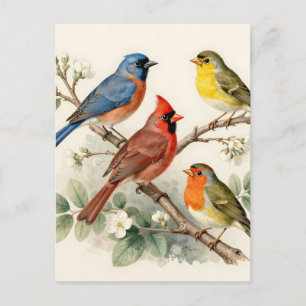 Postal Ilustración de rama de flor de pájaro cantor vinta