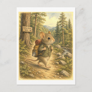 Postal Ilustración de ratón haciendo senderismo