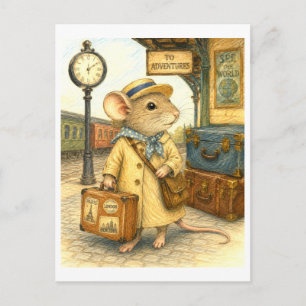 Postal Ilustración de Ratón Viajero