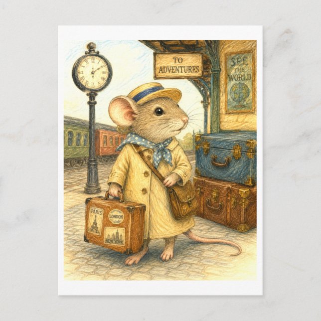 Postal Ilustración de Ratón Viajero (Anverso)