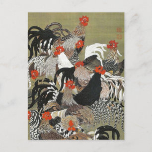 Postal Ilustracion de Roosters Hen de Ito Jakuchu