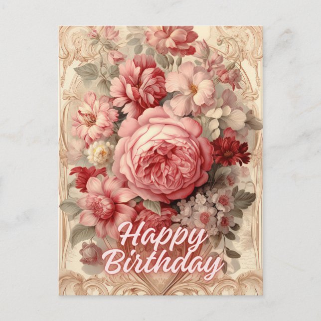 Postal Ilustración de rosas victorianas de cumpleaños fel (Anverso)