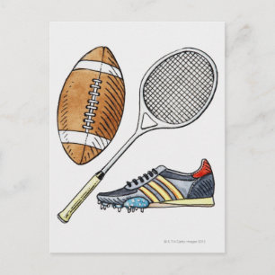 Postal Ilustracion de rugby, racquet de tenis,