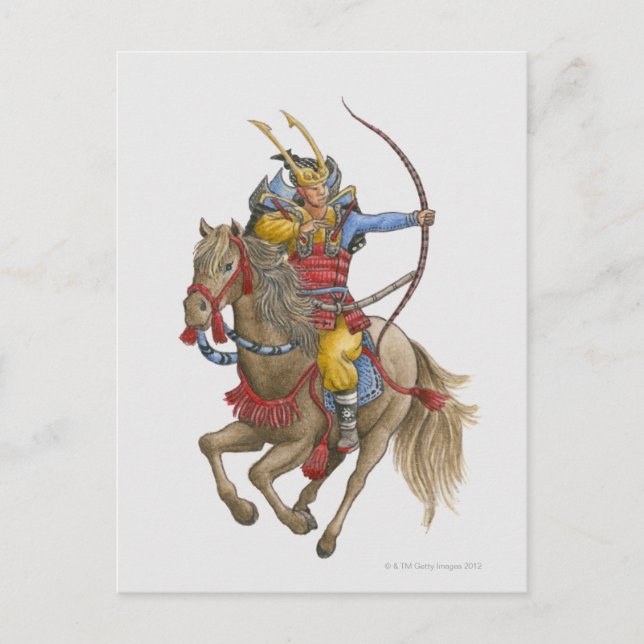 Postal Ilustracion de Samurai a caballo sosteniendo el ar (Anverso)