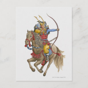 Postal Ilustracion de Samurai a caballo sosteniendo el ar