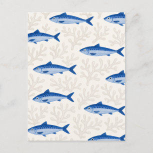 Postal Ilustración de sardina azul con patrón de peces co