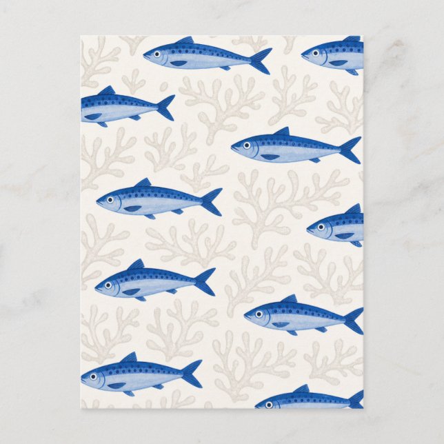 Postal Ilustración de sardina azul con patrón de peces co (Anverso)