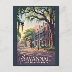Postal Ilustración de Savannah Georgia Arte de Viaje Vint