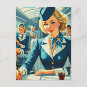 Postal Ilustracion de Stewardess de época