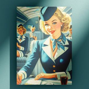 Postal Ilustracion de Stewardess de época