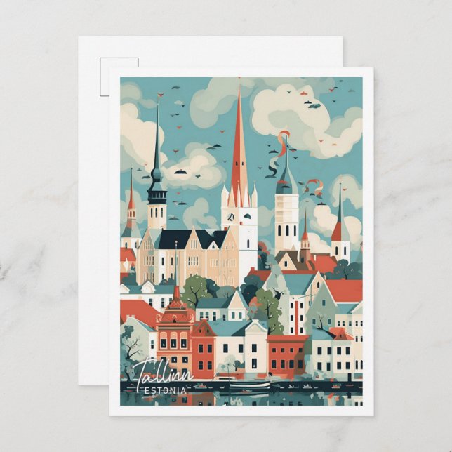Postal Ilustracion de Tallín Estonia Art Travel Place (Anverso / Reverso)