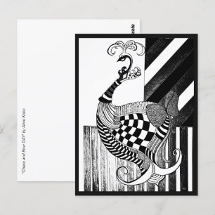 Postal Ilustracion de tinta de pavo real para el ajedrez 