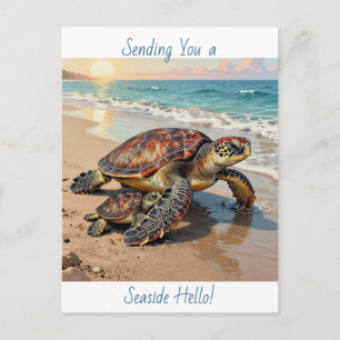 Postal Ilustración de Tortuga Marina y Bebé   Decir Hola