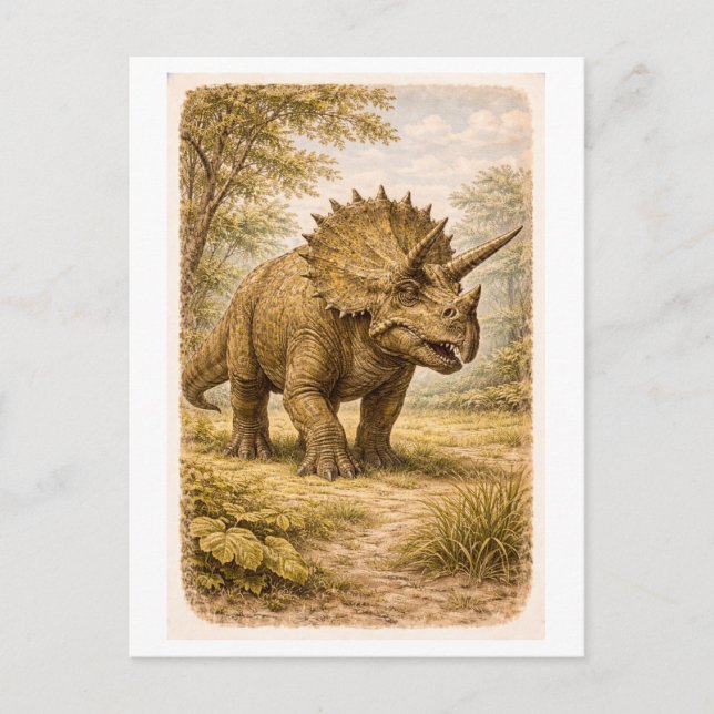 Postal Ilustración de Triceratops al estilo vintage (Anverso)