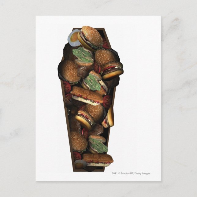Postal Ilustracion de un ataúd lleno de comida rápida (Anverso)