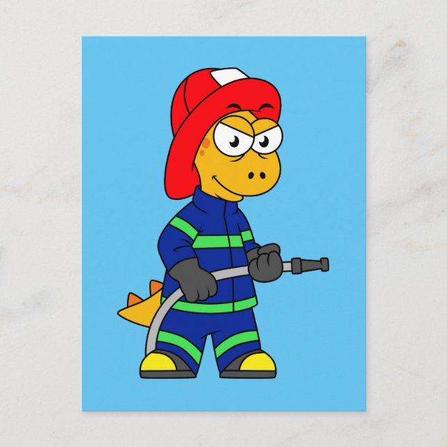 Postal Ilustracion De Un Bombero De Tirano Rex. (Anverso)