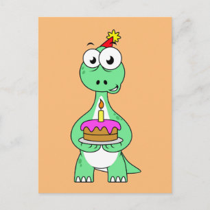 Postal Ilustracion De Un Brontosauro Con Pastel De Cumple