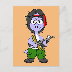 Postal Ilustración de un Brontosaurus vestido como Rambo.