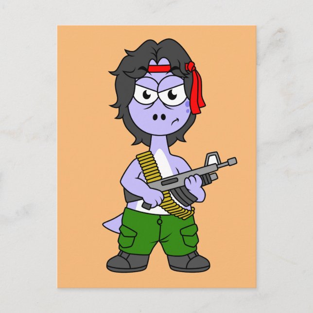 Postal Ilustración de un Brontosaurus vestido como Rambo. (Anverso)